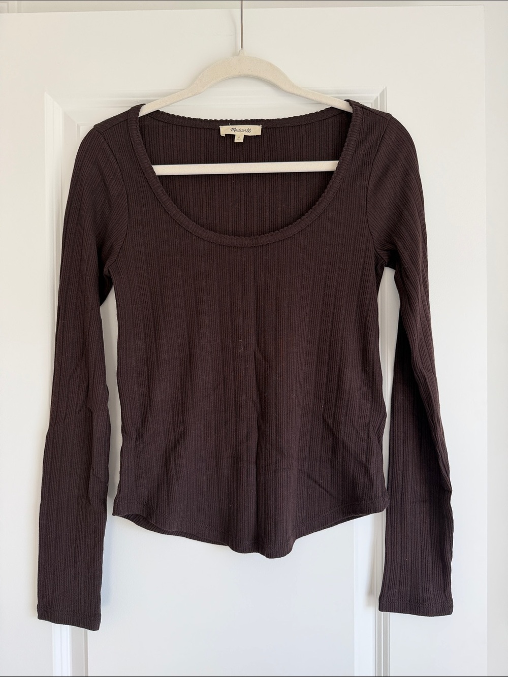 Madewell Chocolate Brown Ribbed Scoop-Neck Long Sleeve Top